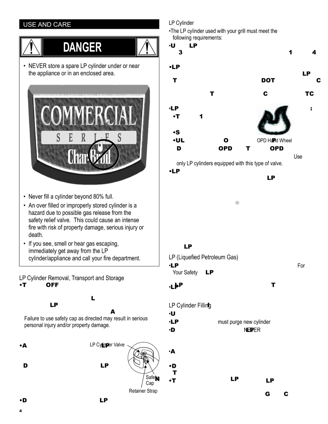 Char-Broil 463243911 manual USE and Care, LP Liquefied Petroleum Gas, LP Cylinder Filling 