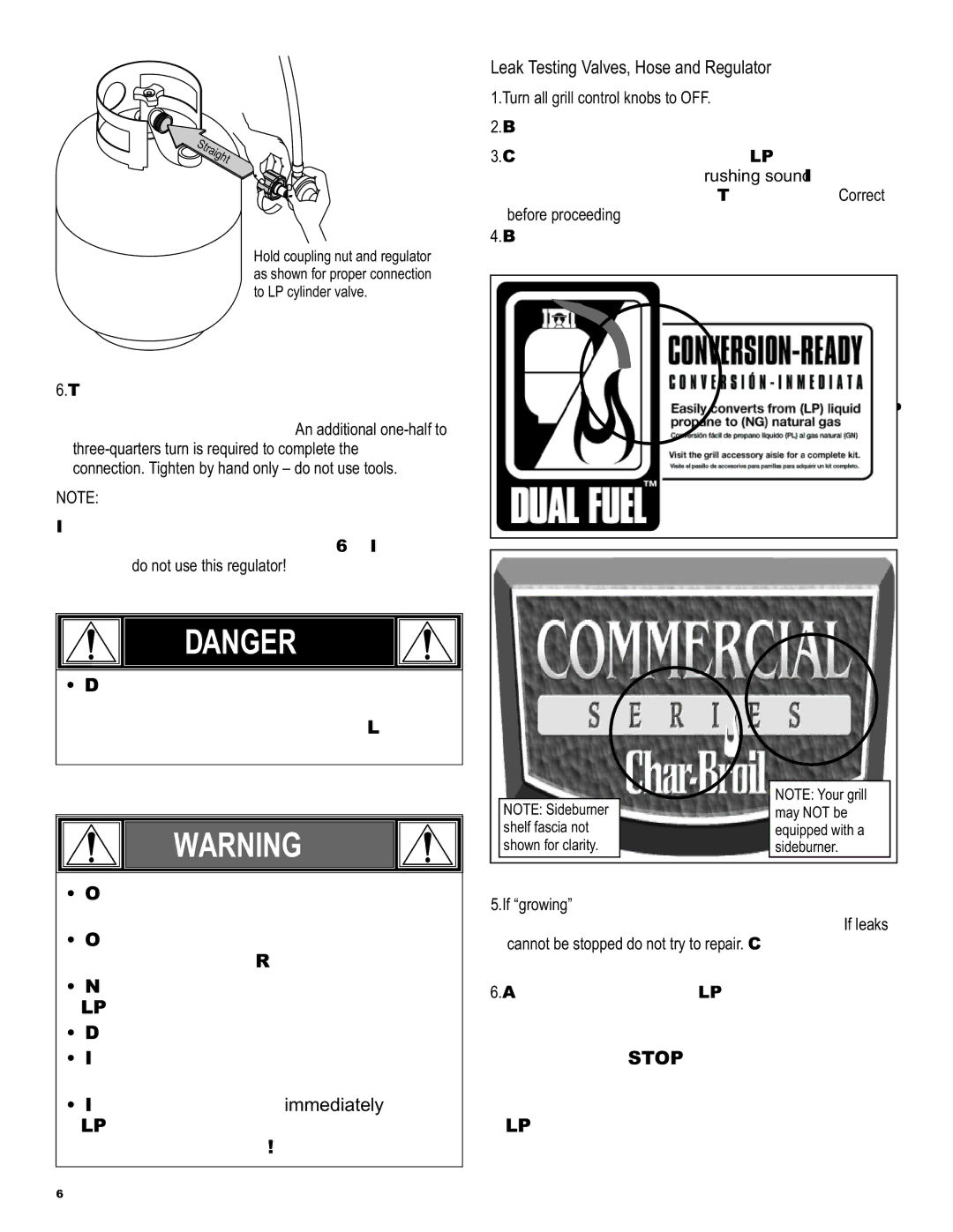 Char-Broil 463243911 manual Leak Testing Valves, Hose and Regulator, Connection, do not use this regulator 