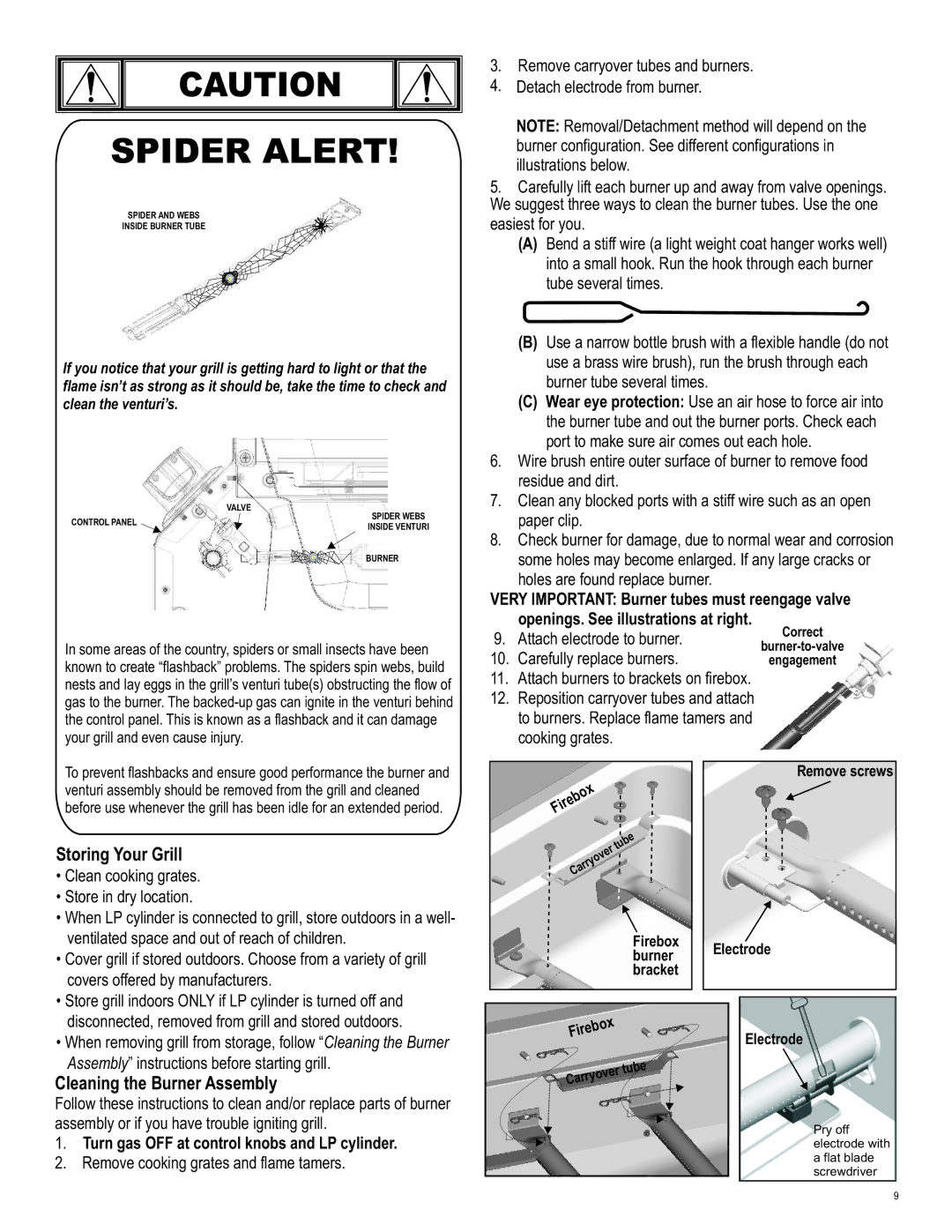 Char-Broil 463243911 Storing Your Grill, Cleaning the Burner Assembly, Very Important Burner tubes must reengage valve 