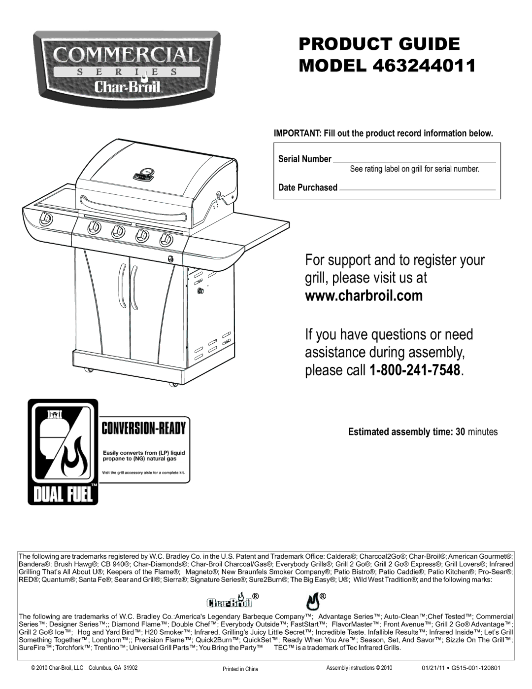 Char-Broil 463244011 manual Estimated assembly time 30 minutes, Date Purchased 