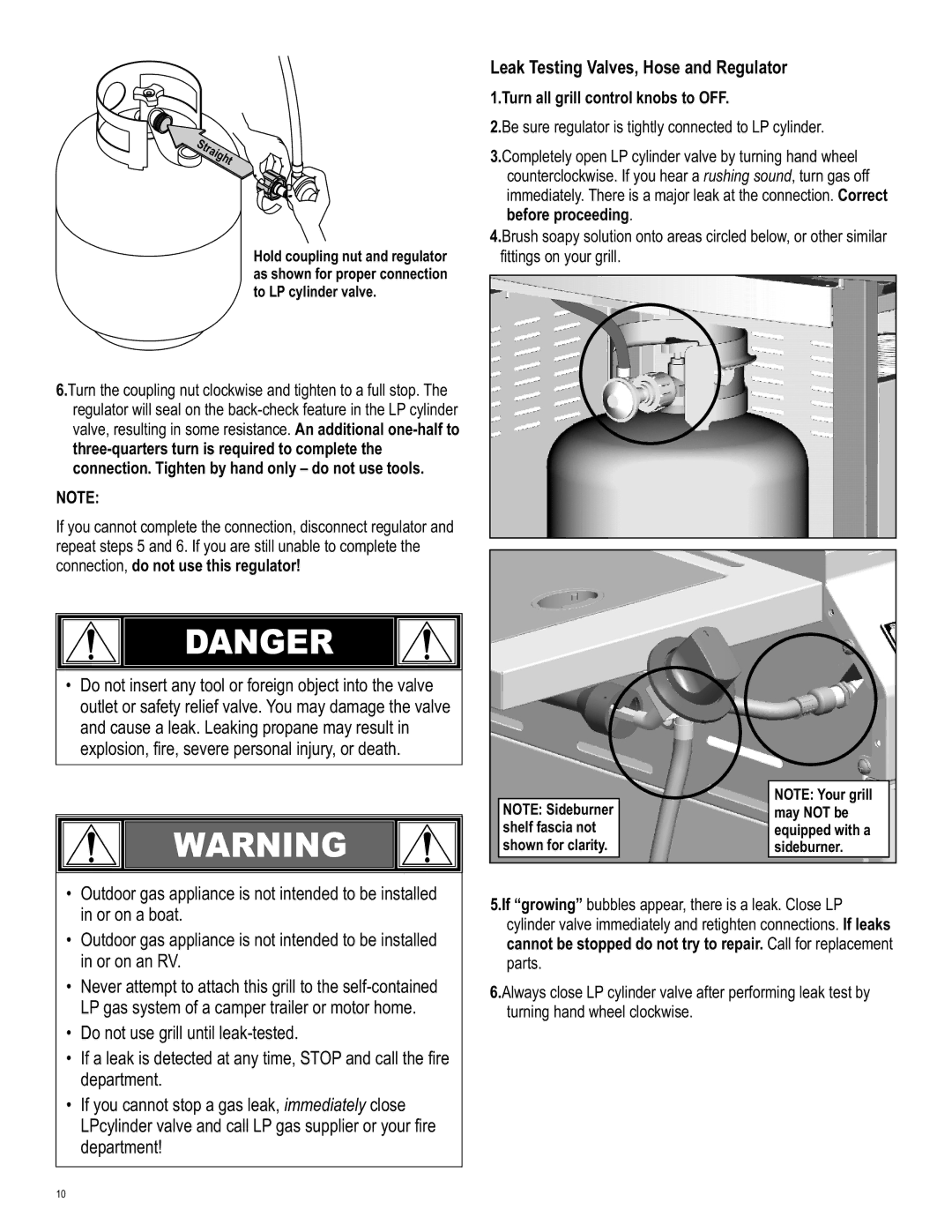 Char-Broil 463244011 manual Leak Testing Valves, Hose and Regulator, Connection, do not use this regulator 