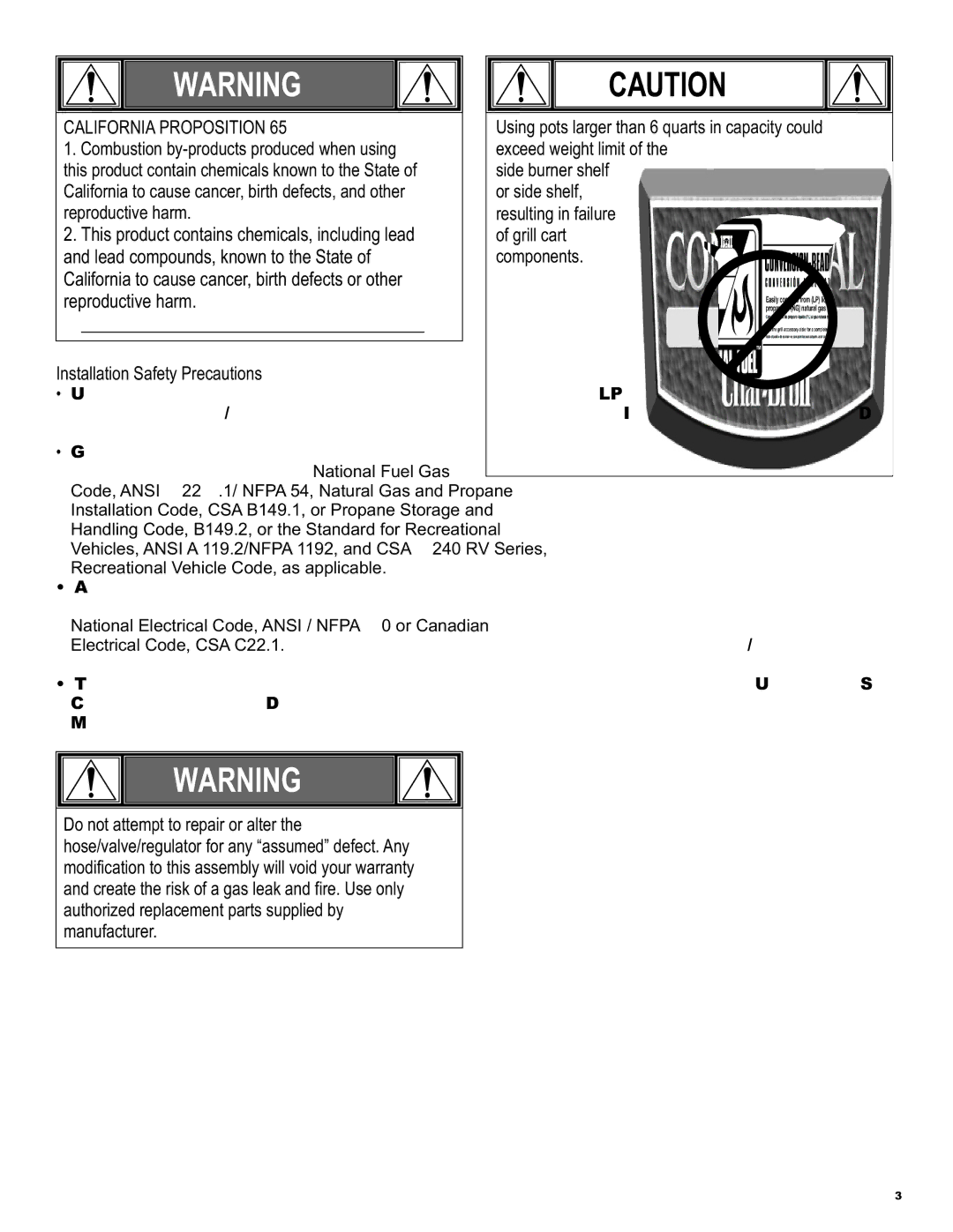 Char-Broil 463244011 manual California Proposition, Installation Safety Precautions 