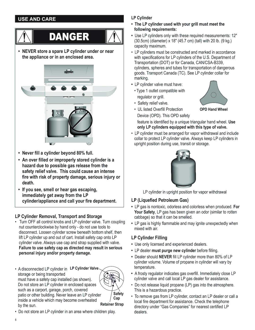 Char-Broil 463244011 manual USE and Care, LP Liquefied Petroleum Gas, LP Cylinder Filling, UL listed Overfill Protection 