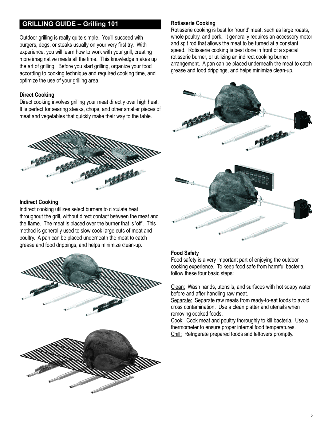 Char-Broil 463244012 manual Direct Cooking, Indirect Cooking, Rotisserie Cooking, Food Safety 