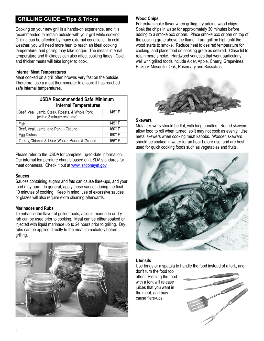 Char-Broil 463244012 manual Usda Recommended Safe Minimum Internal Temperatures 