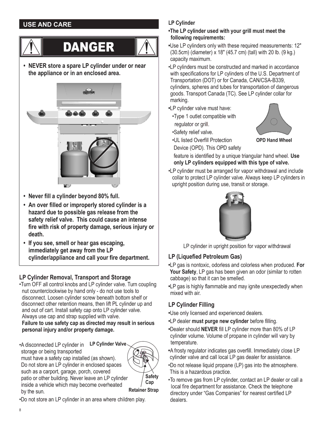 Char-Broil 463244012 manual USE and Care, LP Liquefied Petroleum Gas, LP Cylinder Filling, UL listed Overfill Protection 