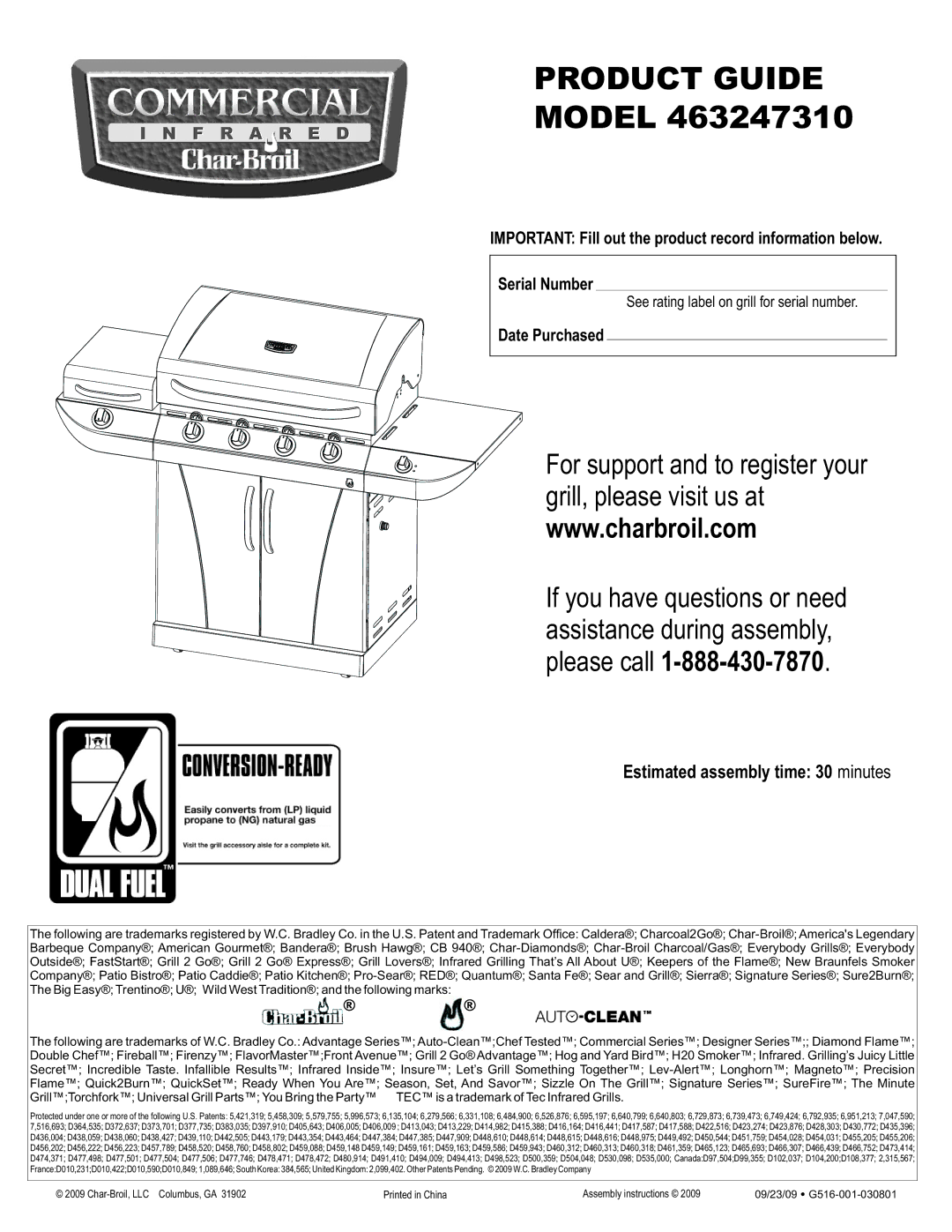 Char-Broil 463247310 manual Estimated assembly time 30 minutes, Date Purchased 