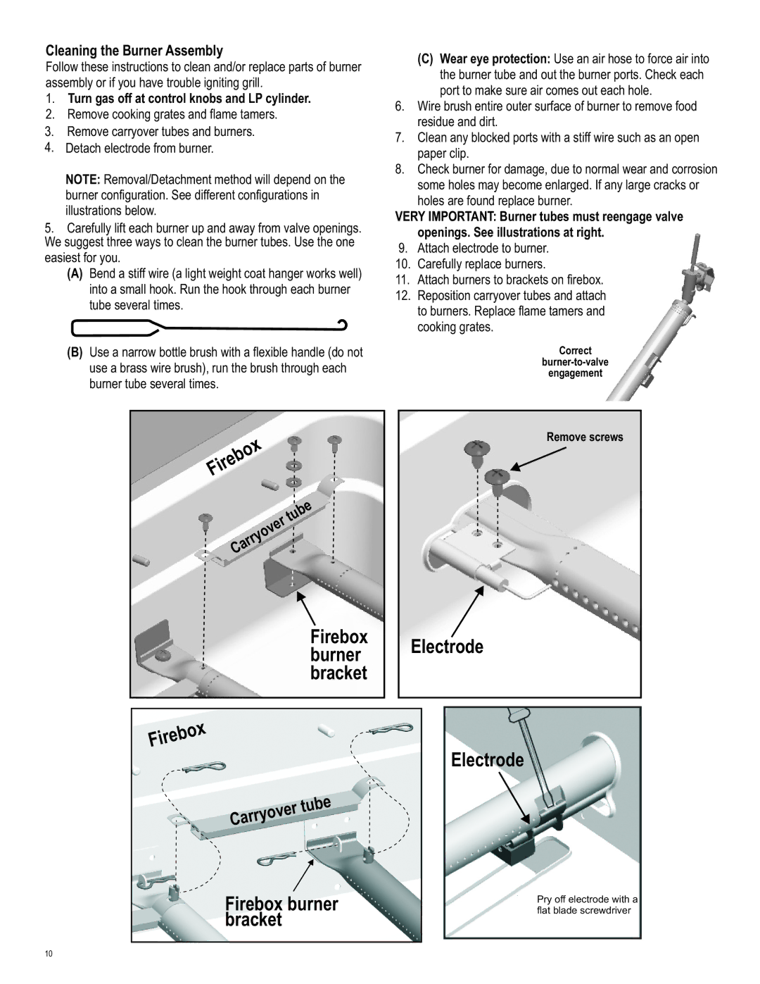 Char-Broil 463247310 manual Cleaning the Burner Assembly, Turn gas off at control knobs and LP cylinder 