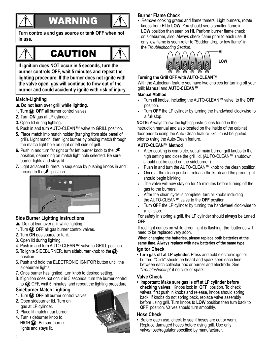 Char-Broil 463247310 manual Side Burner Lighting Instructions, Sideburner Match Lighting, Burner Flame Check, Ignitor Check 