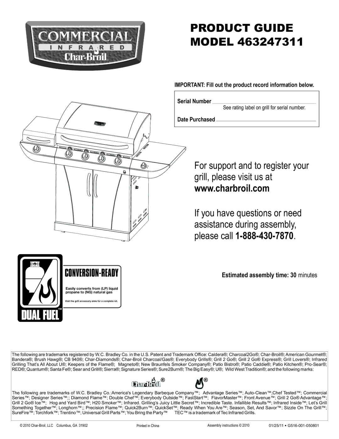 Char-Broil 463247311 manual Estimated assembly time 30 minutes, Date Purchased 