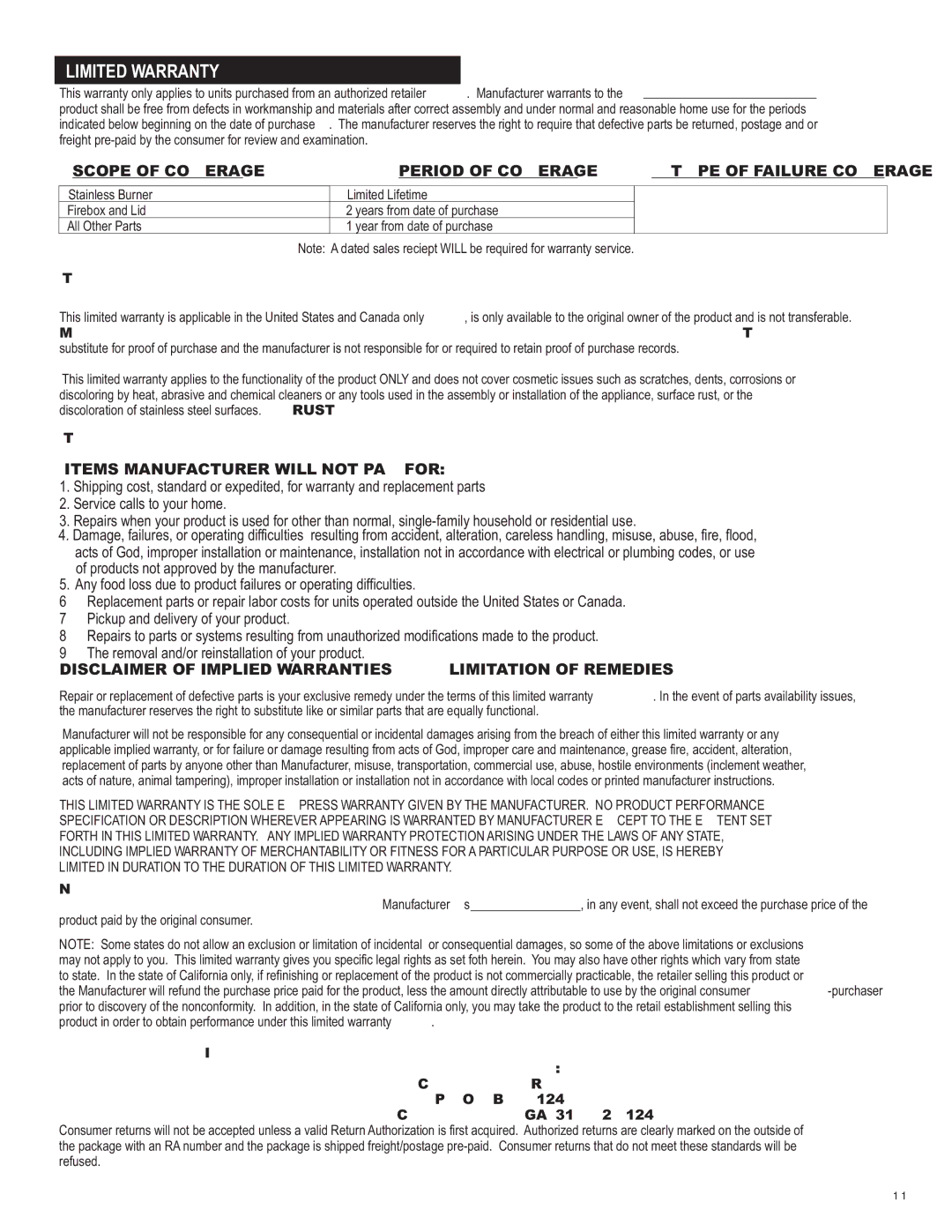 Char-Broil 463247311 manual Limited Warranty, Items Manufacturer will not PAY for 