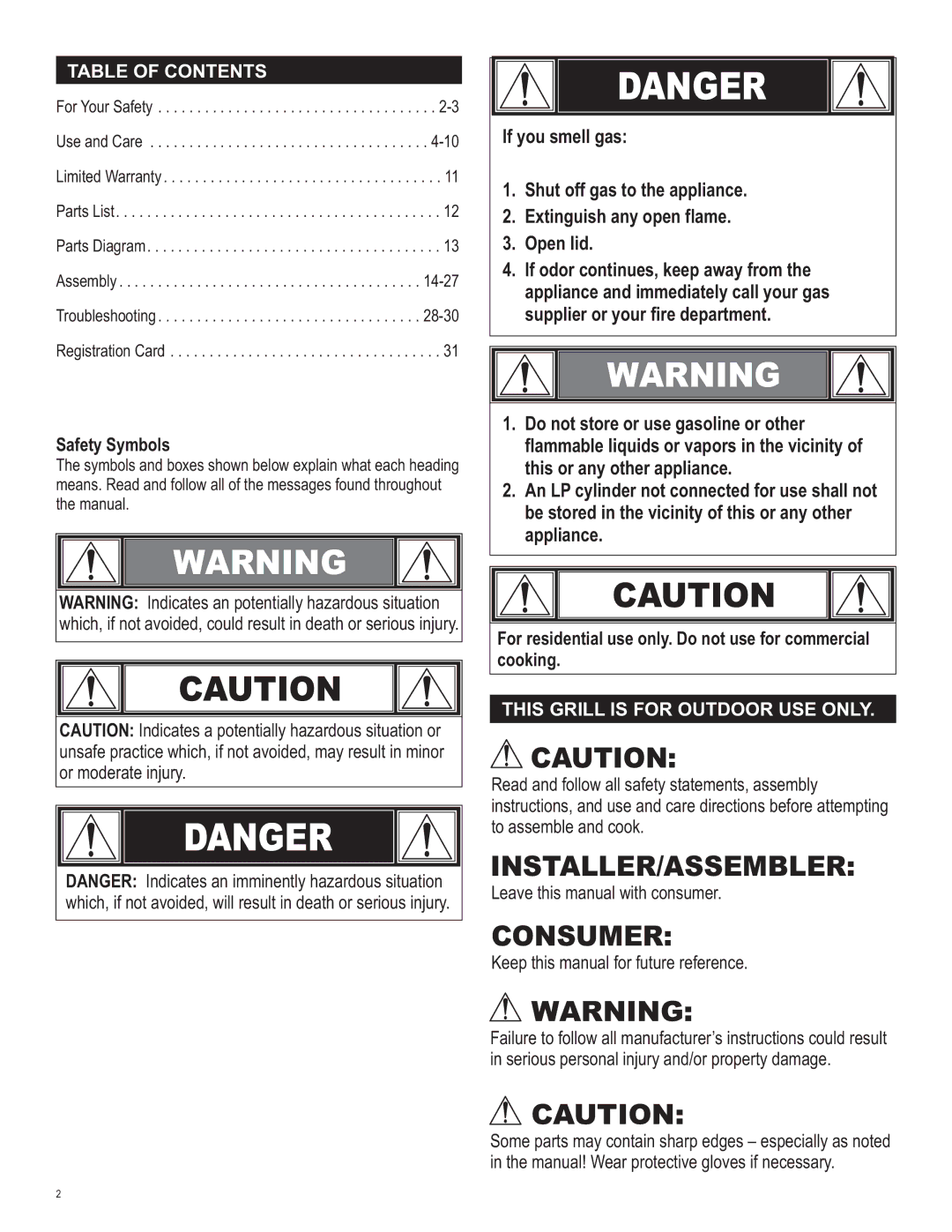 Char-Broil 463247311 manual Table of Contents, This Grill is for Outdoor USE only 