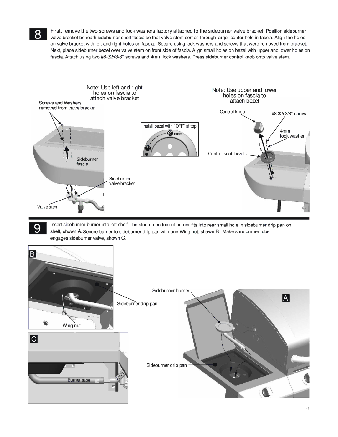 Char-Broil 463247412 manual Holes on fascia to Attach valve bracket, Holes on fascia to Attach bezel 