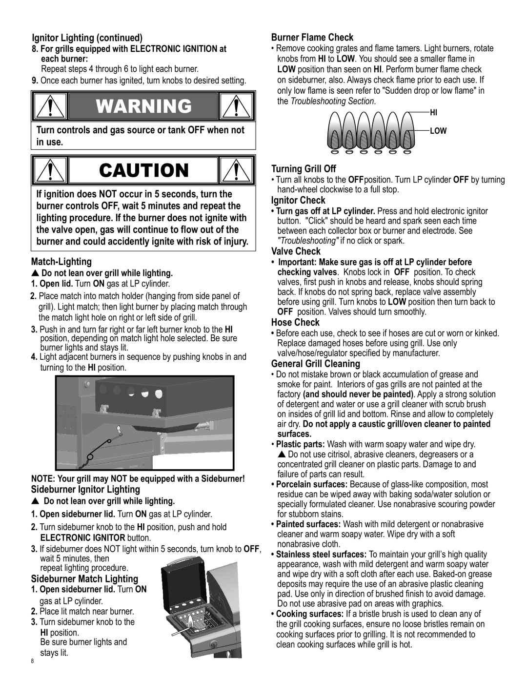 Char-Broil 463247412 manual Sideburner Ignitor Lighting, Sideburner Match Lighting, Burner Flame Check, Turning Grill Off 