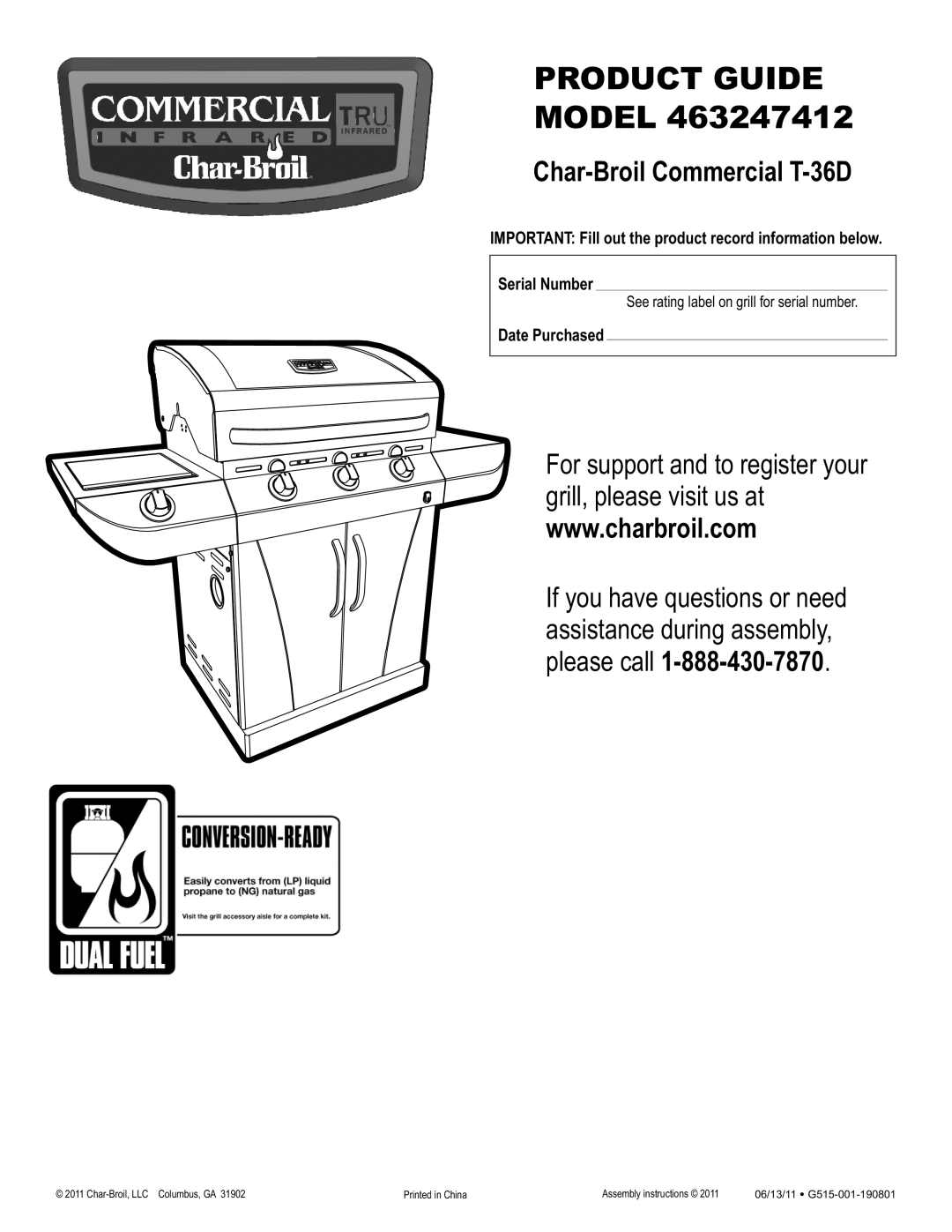 Char-Broil 463247412 manual Char-Broil Commercial T-36D, please call, Product Guide Model, Date Purchased 
