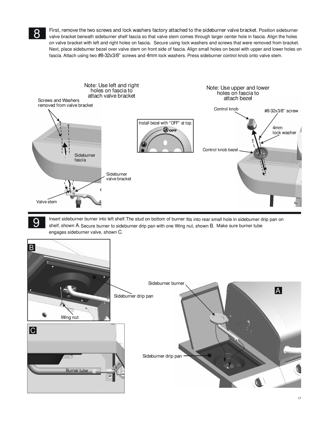 Char-Broil 463247412 manual Note Use left and right holes on fascia to attach valve bracket 