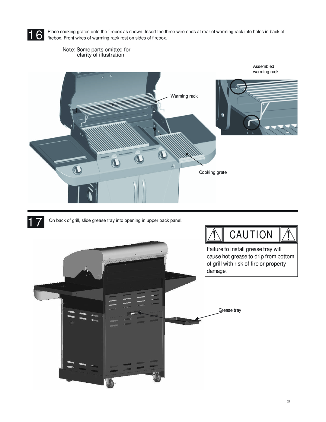 Char-Broil 463247412 manual Note Some parts omitted for clarity of illustration, Warming rack Cooking grate, Grease tray 