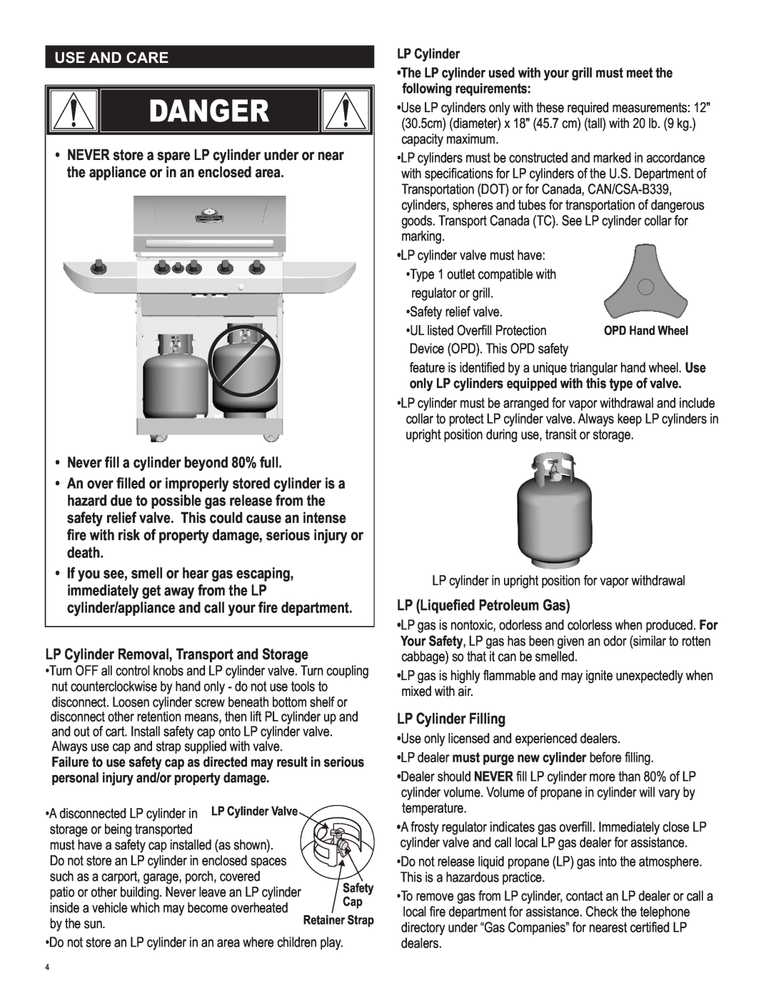 Char-Broil 463247412 manual Danger, Use And Care, Failure to use safety cap as directed may result in serious, LP Cylinder 
