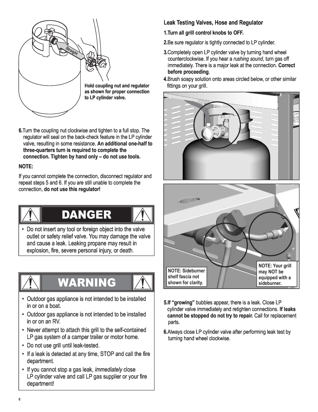 Char-Broil 463247412 manual Danger, Leak Testing Valves, Hose and Regulator 