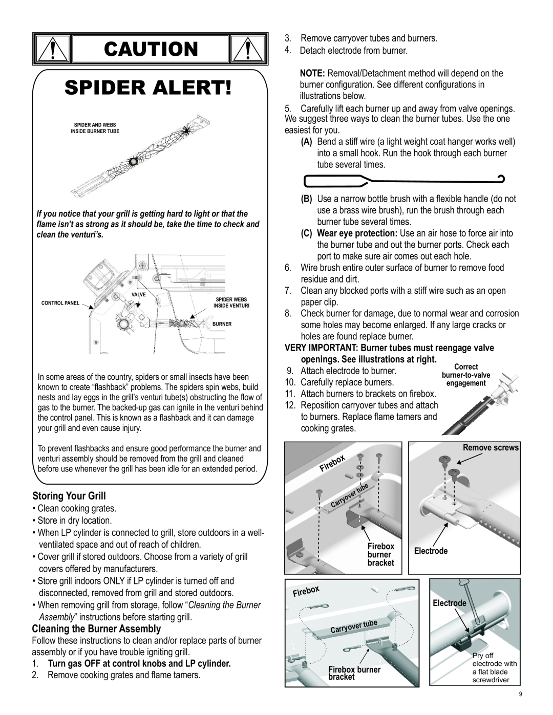 Char-Broil 463247412 manual Spider Alert, Storing Your Grill, Cleaning the Burner Assembly 