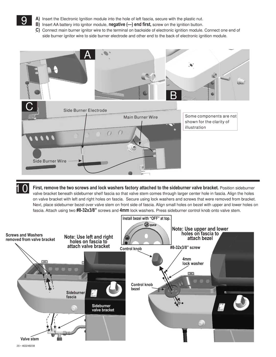 Char-Broil 463248208 manual Attach bezel, Holes on fascia to Attach valve bracket 