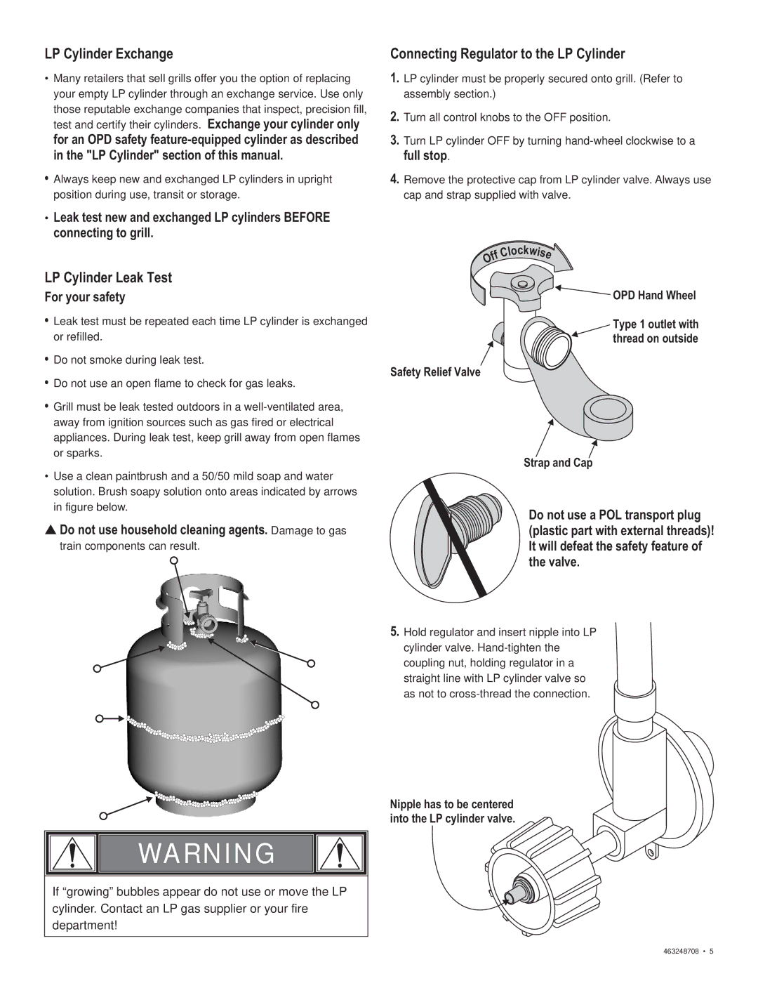 Char-Broil 463248708 LP Cylinder Exchange, LP Cylinder Leak Test, Connecting Regulator to the LP Cylinder, For your safety 