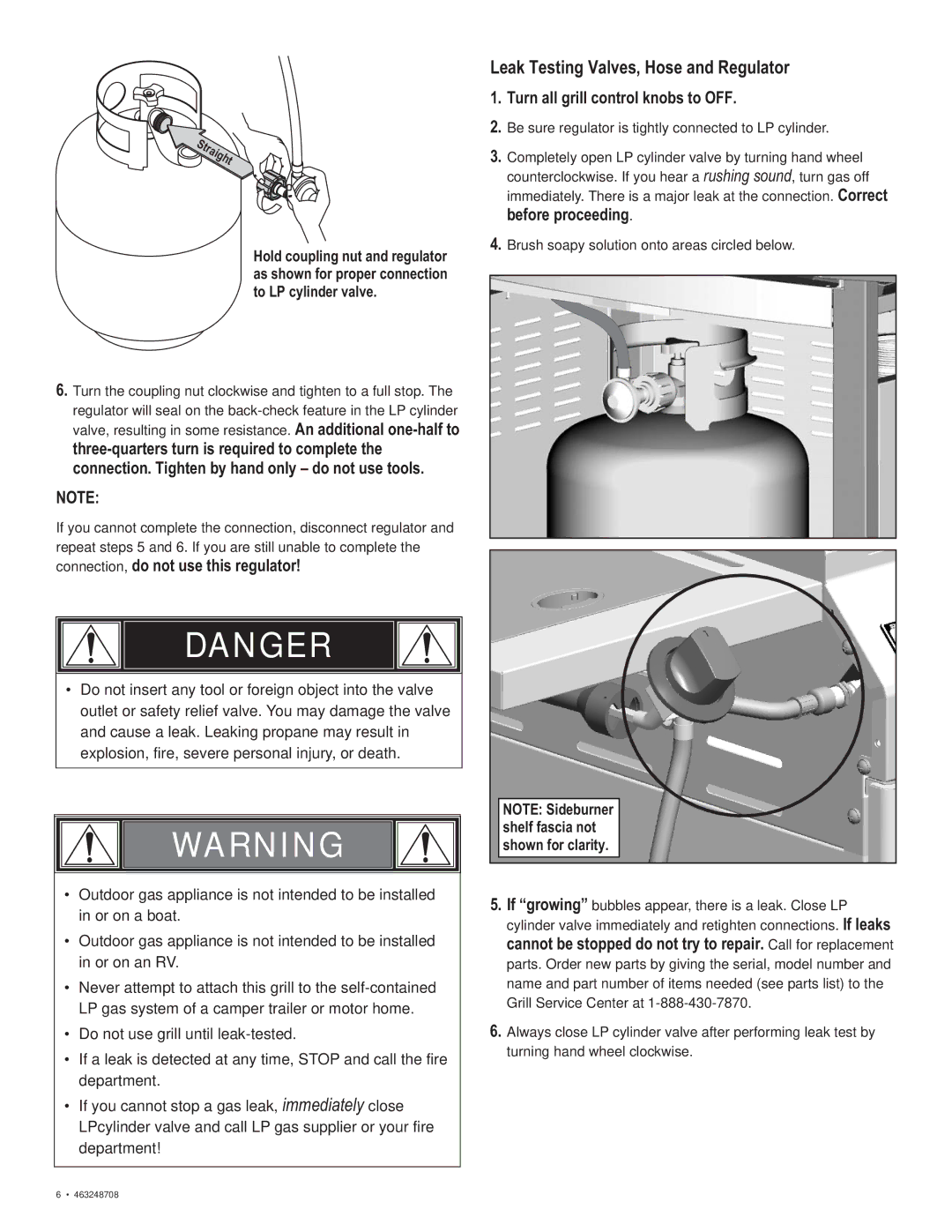 Char-Broil 463248708 manual Leak Testing Valves, Hose and Regulator, Connection, do not use this regulator 