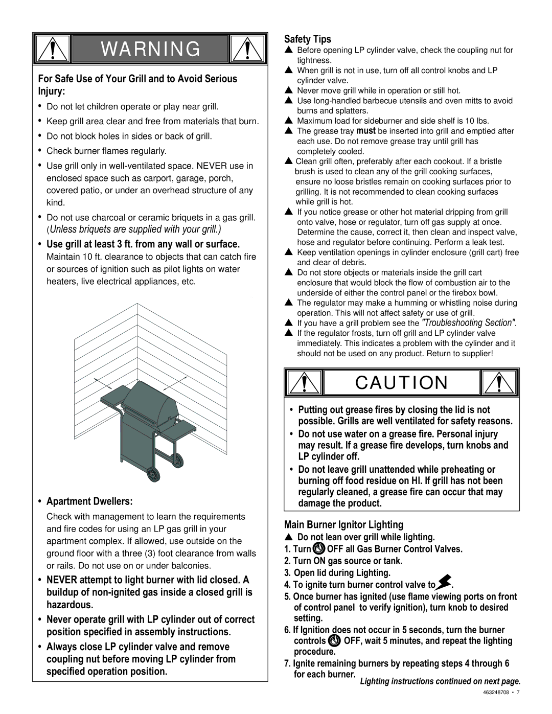 Char-Broil 463248708 manual For Safe Use of Your Grill and to Avoid Serious Injury, Main Burner Ignitor Lighting 