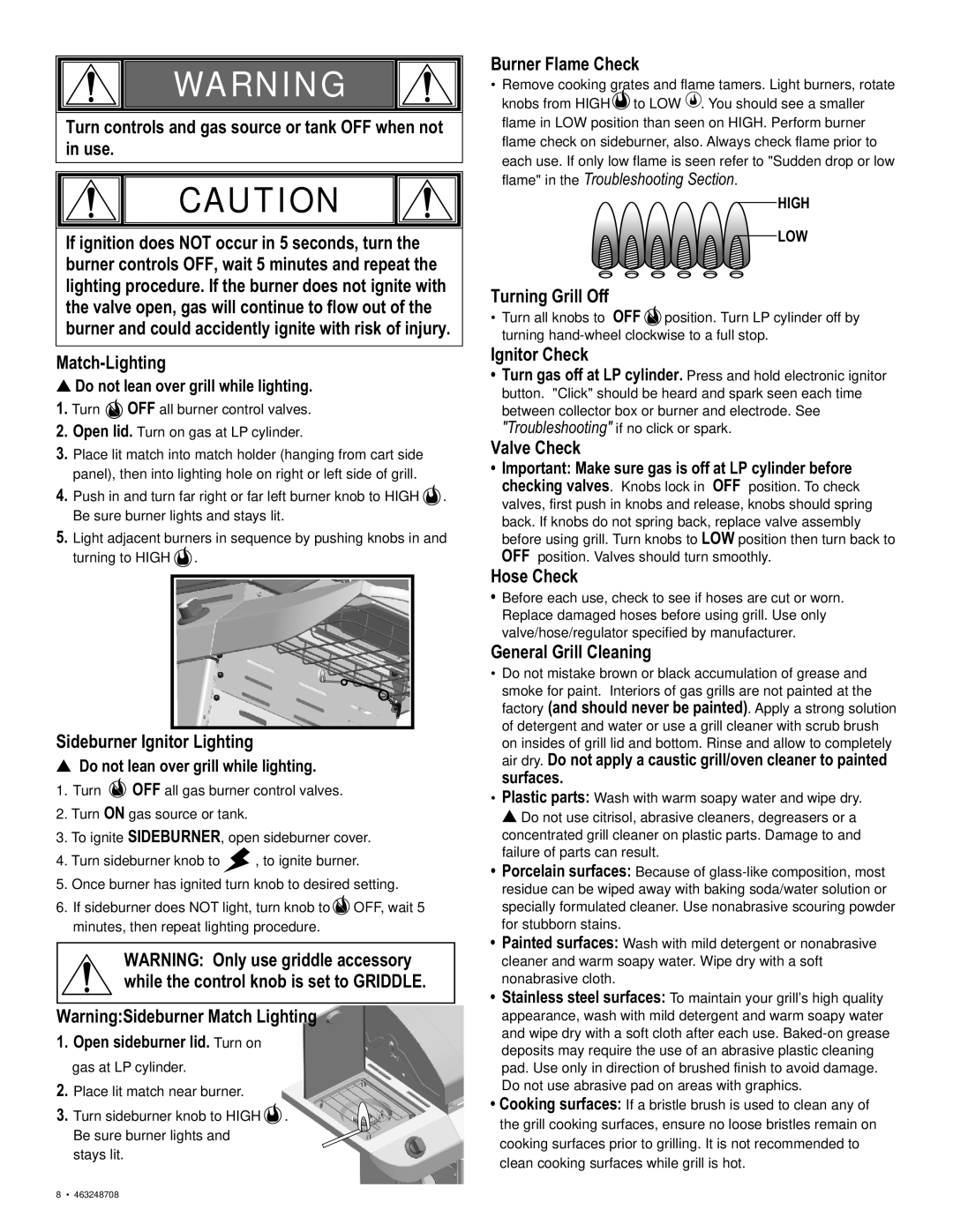 Char-Broil 463248708 manual Sideburner Ignitor Lighting, Burner Flame Check, Turning Grill Off, Ignitor Check, Valve Check 