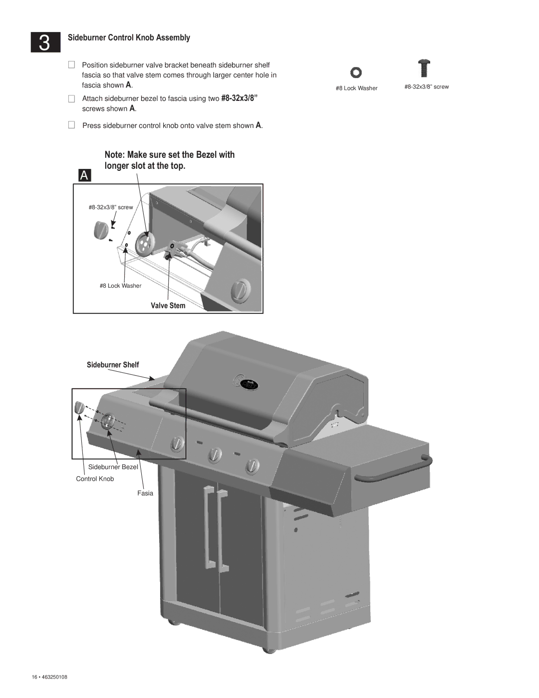 Char-Broil 463250108 manual Longer slot at the top, Sideburner Control Knob Assembly 