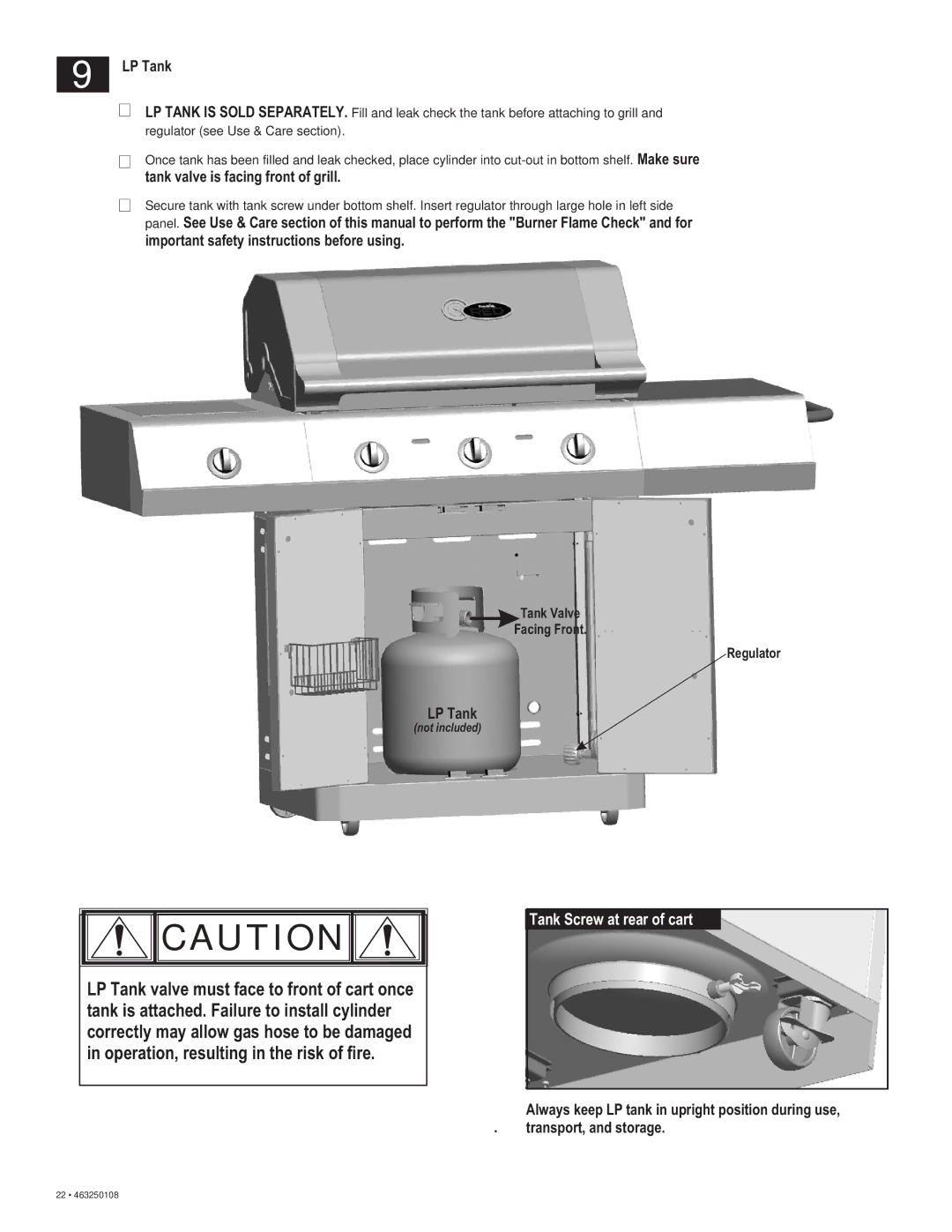 Char-Broil 463250108 manual LP Tank, Tank valve is facing front of grill, Important safety instructions before using 