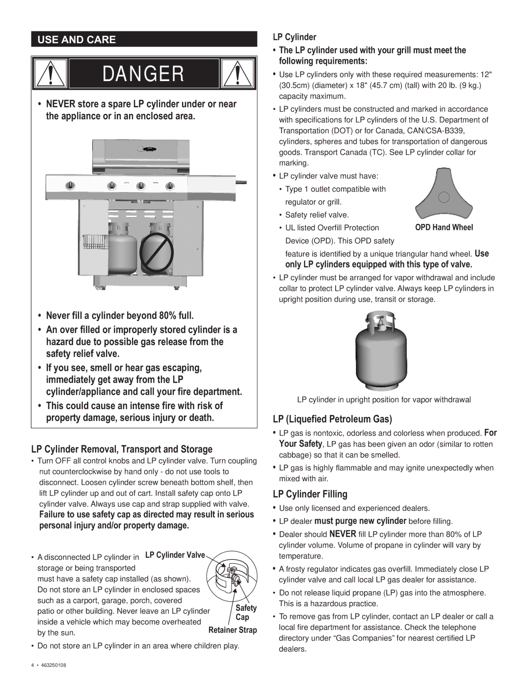 Char-Broil 463250108 manual LP Liquefied Petroleum Gas, LP Cylinder Filling, UL listed Overfill Protection, OPD Hand Wheel 