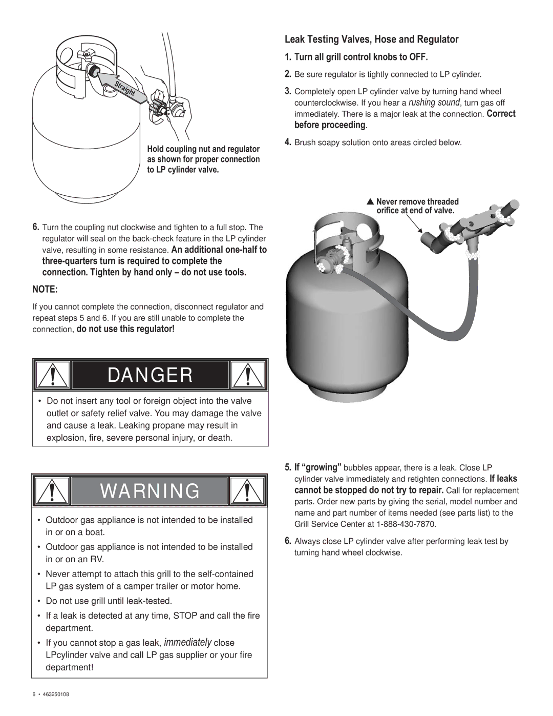 Char-Broil 463250108 manual Leak Testing Valves, Hose and Regulator, Connection, do not use this regulator 