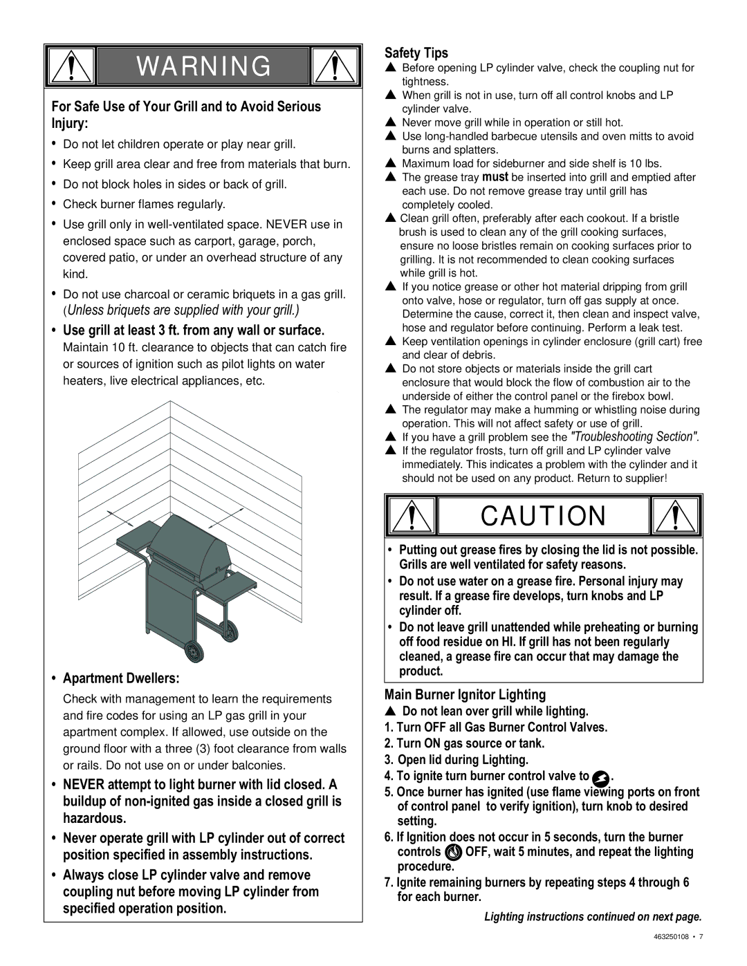 Char-Broil 463250108 manual For Safe Use of Your Grill and to Avoid Serious Injury, Main Burner Ignitor Lighting 