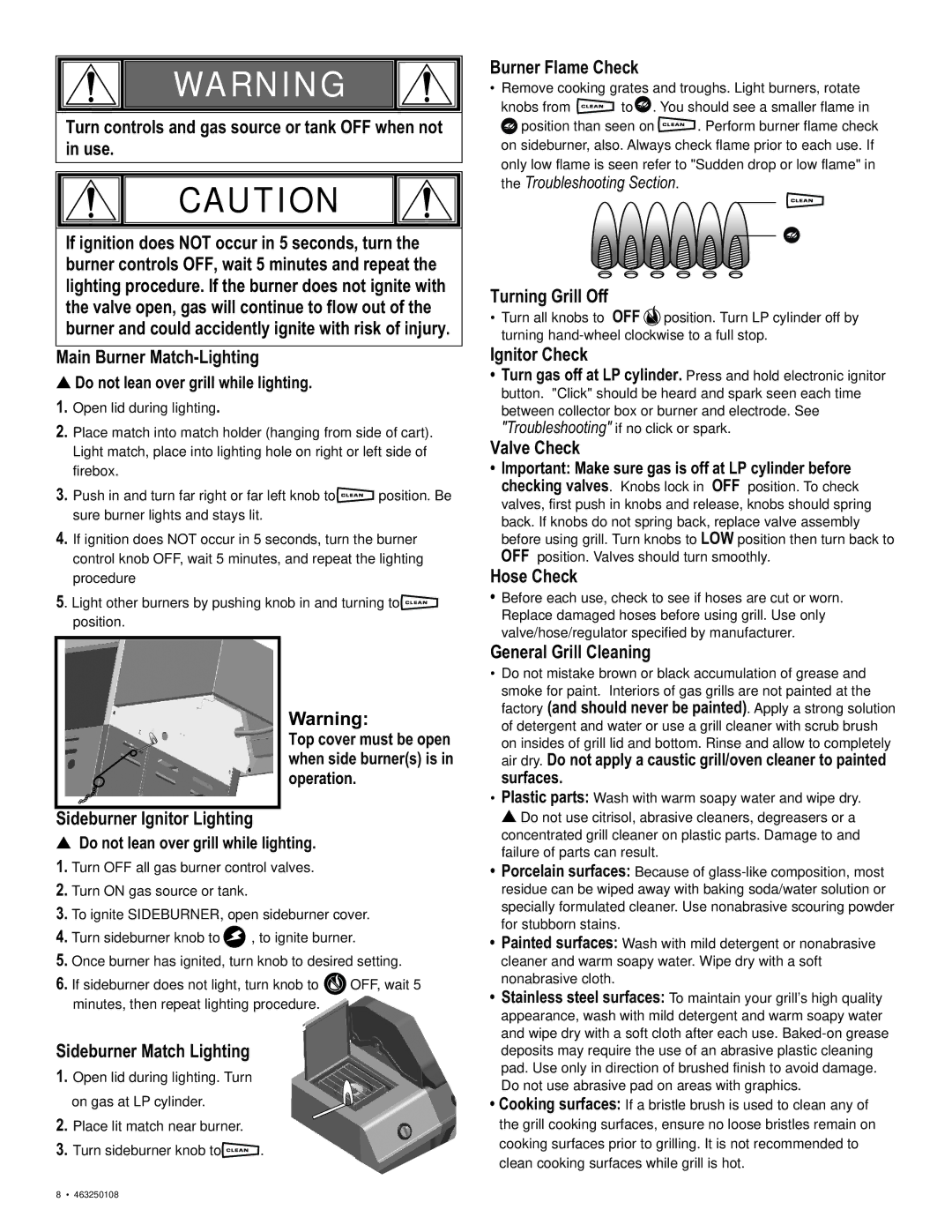 Char-Broil 463250108 manual Sideburner Ignitor Lighting, Sideburner Match Lighting, Burner Flame Check, Turning Grill Off 