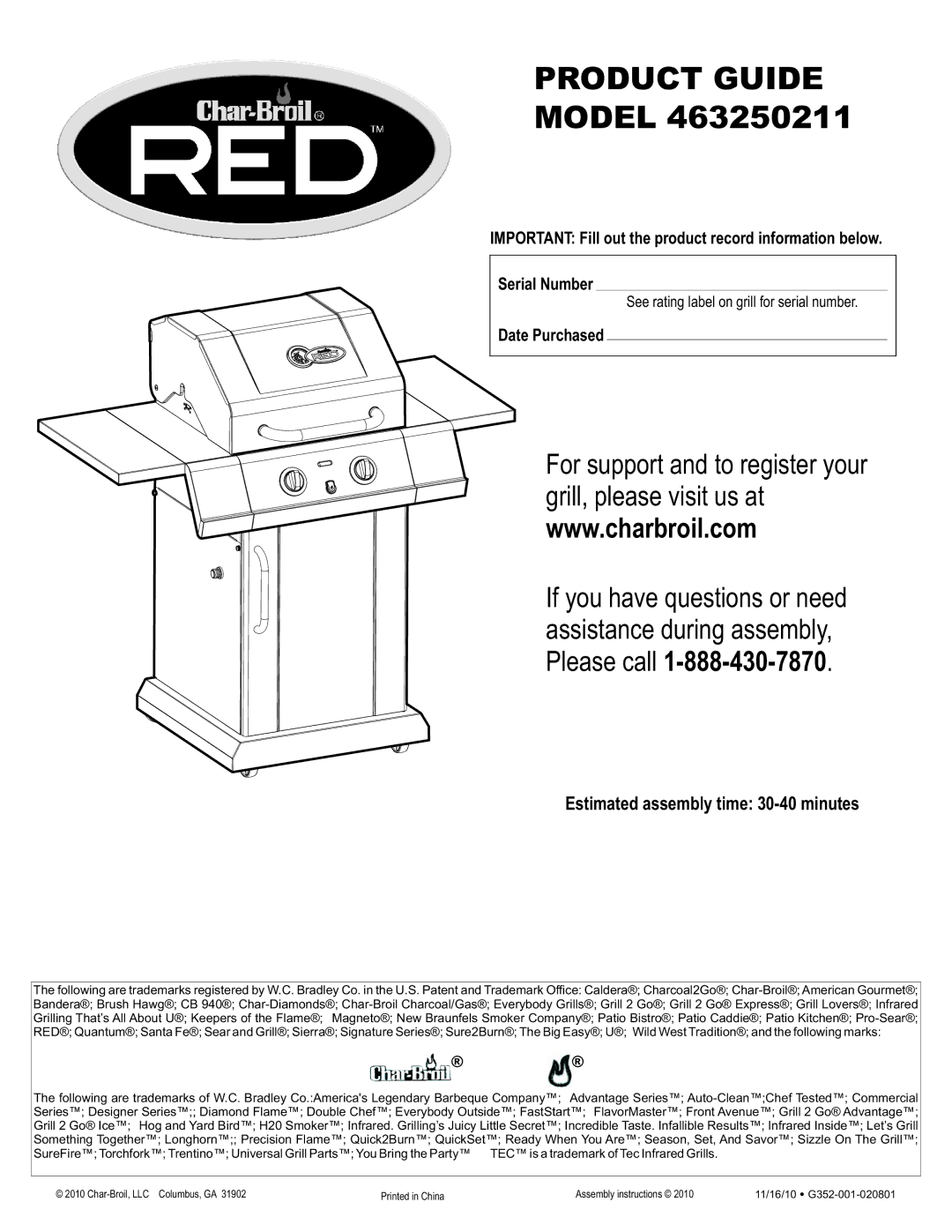 Char-Broil 463250211 manual Estimated assembly time 30-40 minutes, Date Purchased 