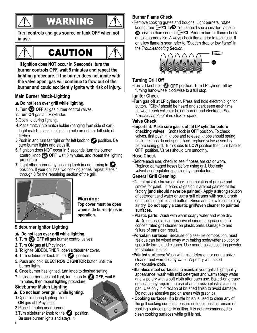 Char-Broil 463250211 manual Sideburner Ignitor Lighting, Sideburner Match Lighting, Burner Flame Check, Turning Grill Off 