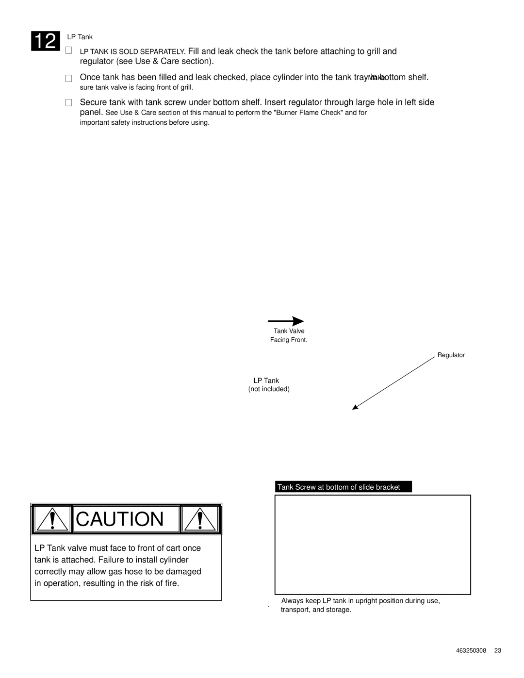 Char-Broil 463250308 manual LP Tank, Sure tank valve is facing front of grill, Important safety instructions before using 