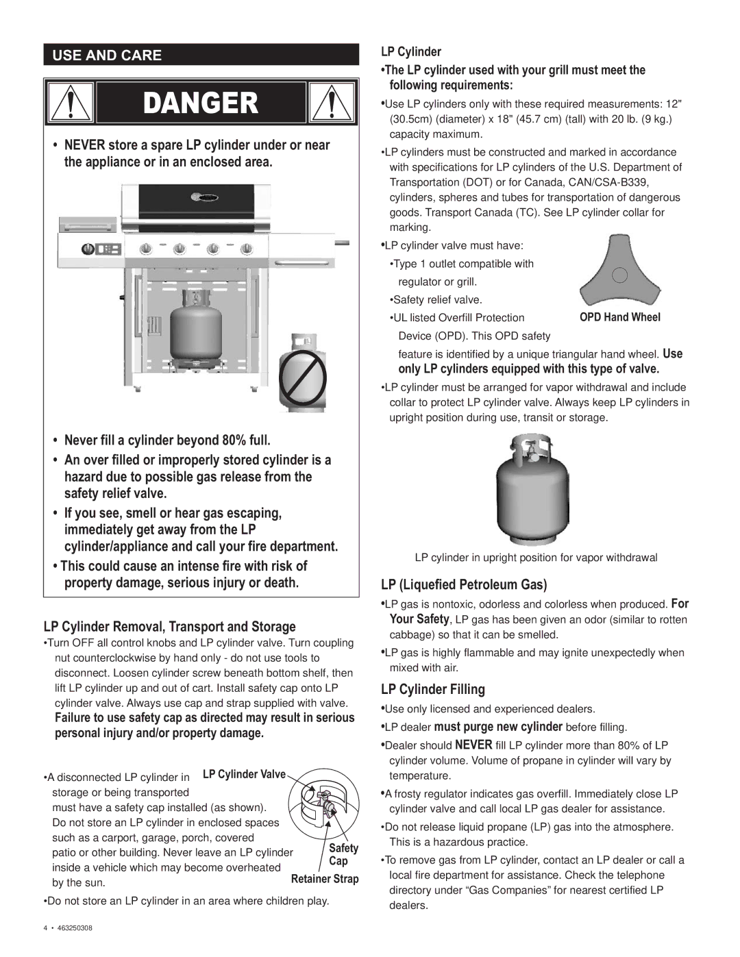 Char-Broil 463250308 manual LP Liquefied Petroleum Gas, LP Cylinder Filling, UL listed Overfill Protection 