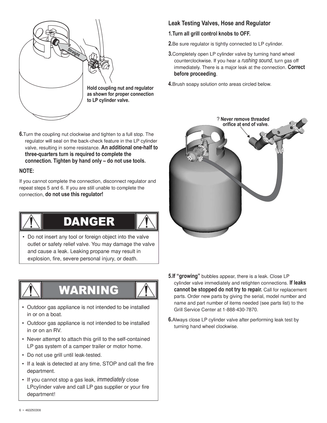 Char-Broil 463250308 manual Leak Testing Valves, Hose and Regulator, Connection, do not use this regulator 