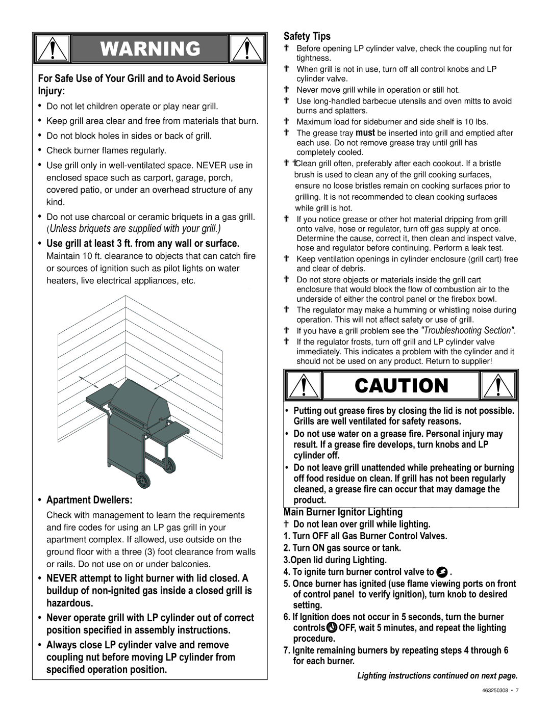 Char-Broil 463250308 manual For Safe Use of Your Grill and to Avoid Serious Injury, Main Burner Ignitor Lighting 