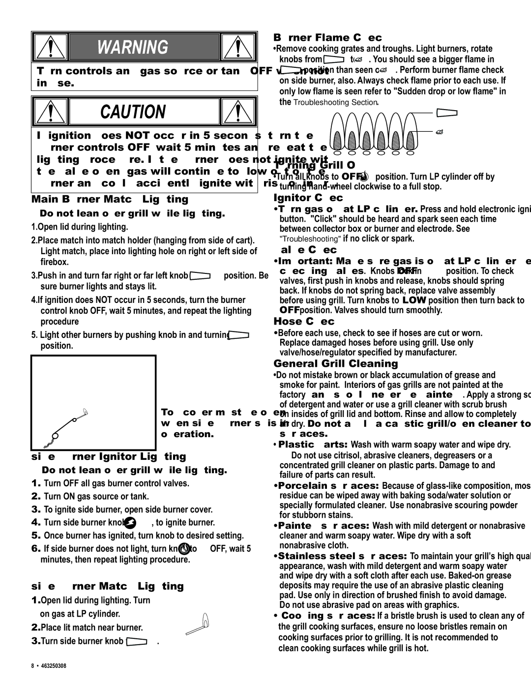 Char-Broil 463250308 manual Side burner Ignitor Lighting, Side burner Match Lighting, Burner Flame Check, Turning Grill Off 