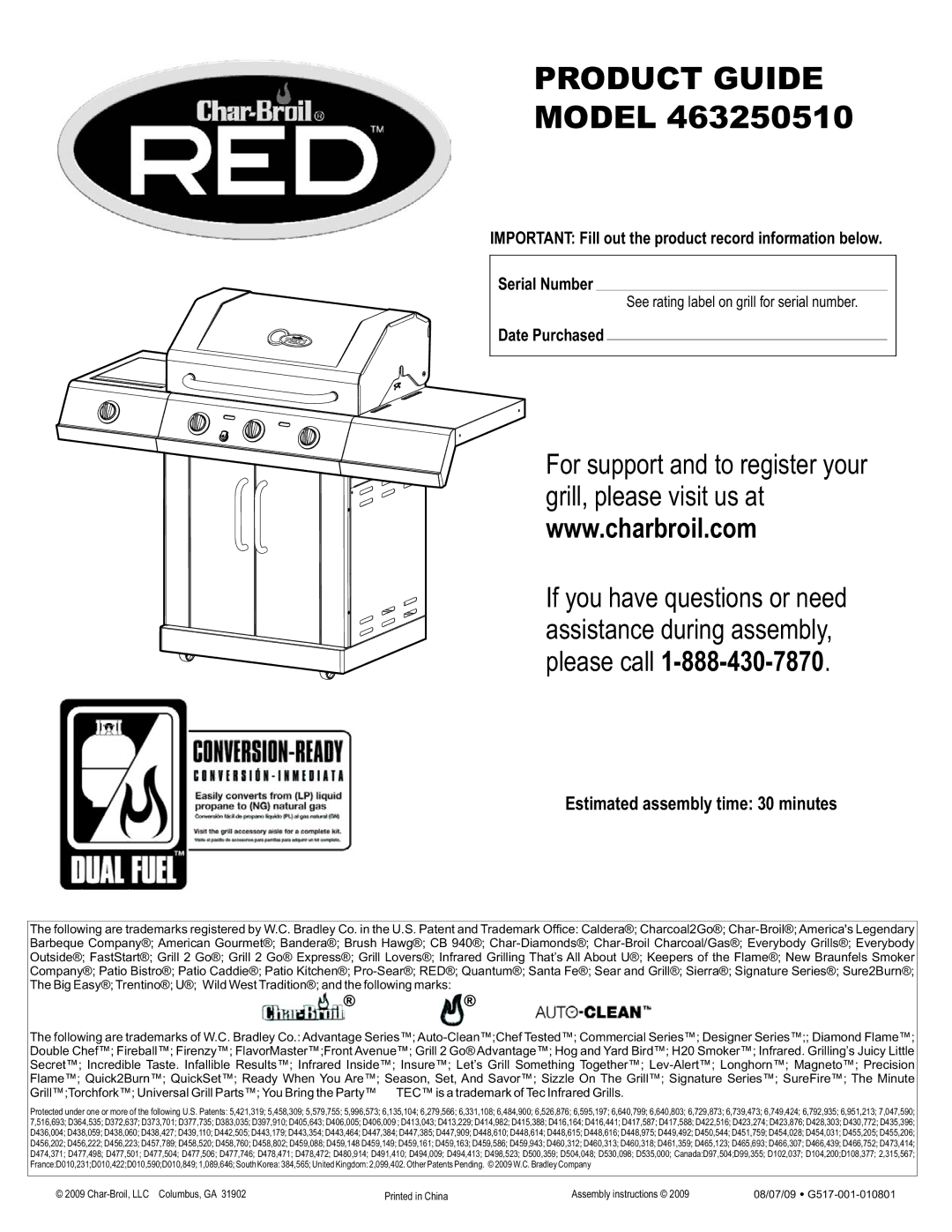 Char-Broil 463250510 manual Estimated assembly time 30 minutes, Date Purchased 