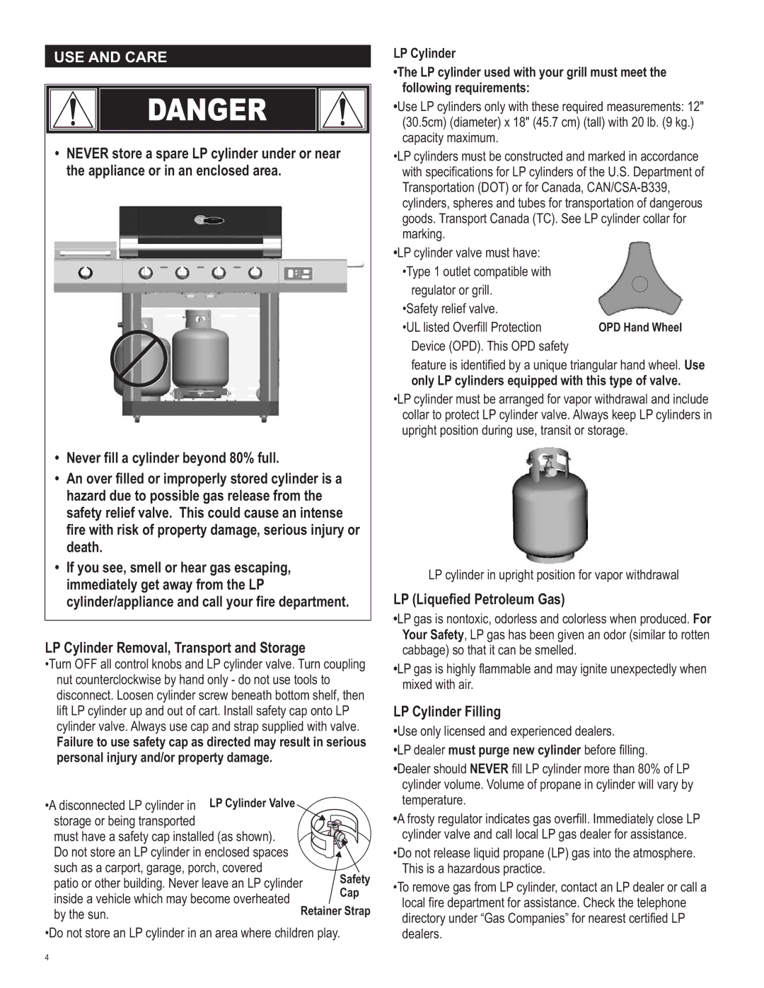 Char-Broil 463250510 manual USE and Care, LP Liquefied Petroleum Gas, LP Cylinder Filling 