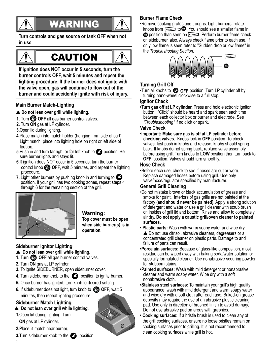 Char-Broil 463250510 manual Sideburner Ignitor Lighting, Sideburner Match Lighting, Burner Flame Check, Turning Grill Off 