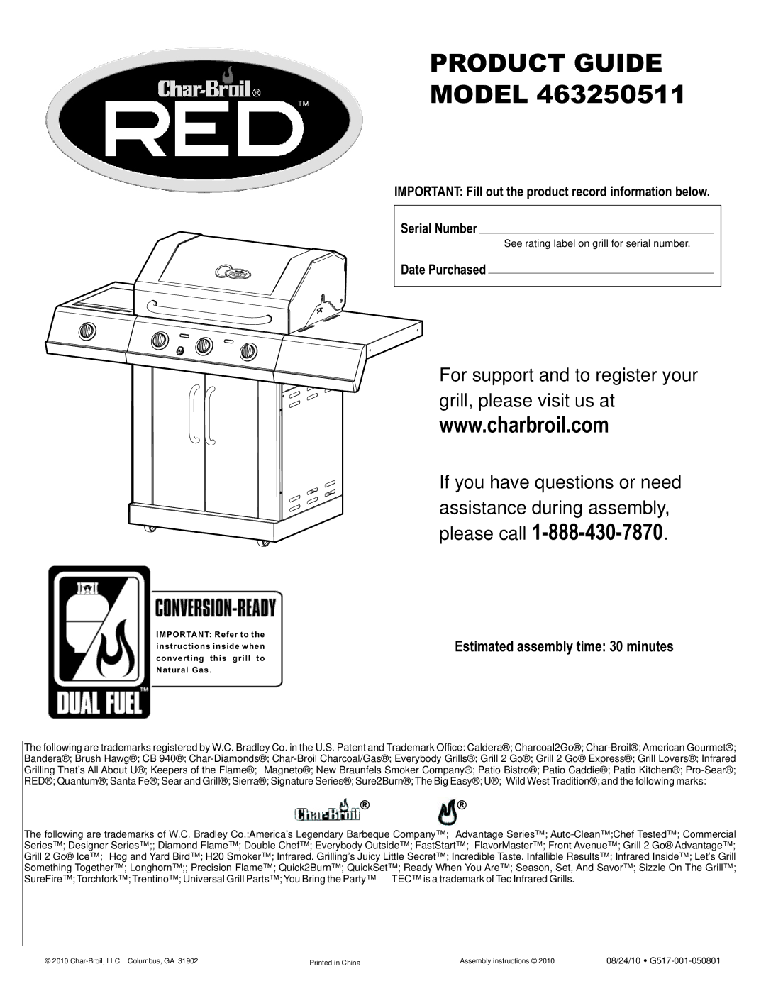 Char-Broil 463250511 manual Estimated assembly time 30 minutes, Date Purchased 