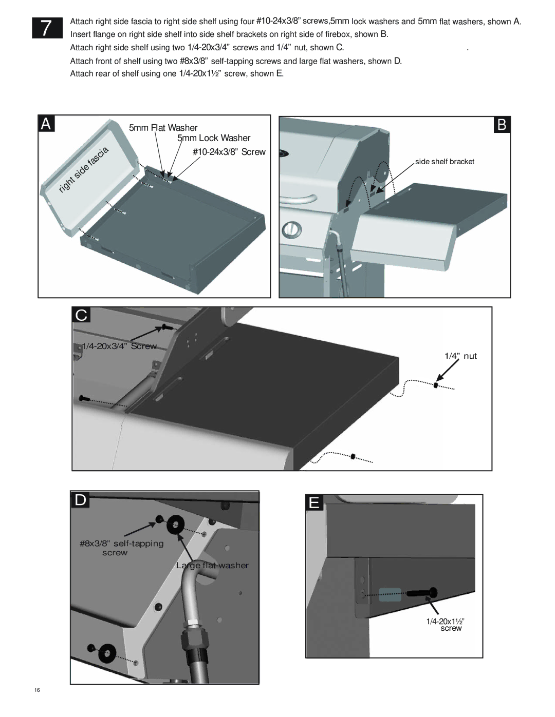 Char-Broil 463250511 manual 5mm Flat Washer 5mm Lock Washer #10-24x3/8 Screw 
