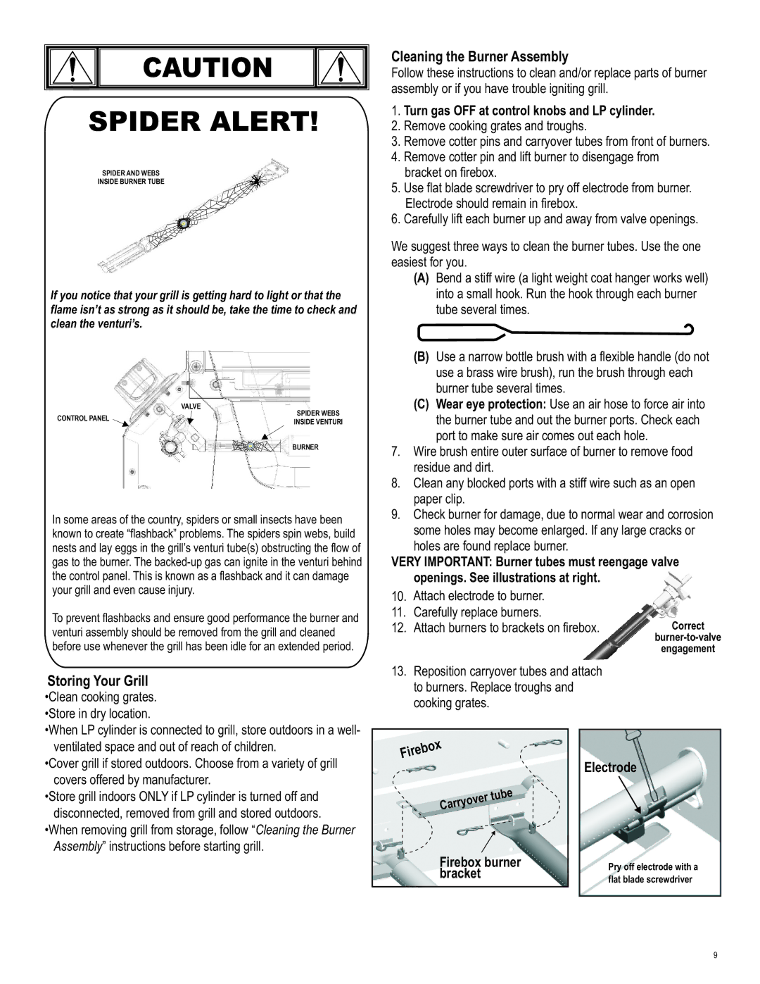 Char-Broil 463250511 manual Cleaning the Burner Assembly, Storing Your Grill 