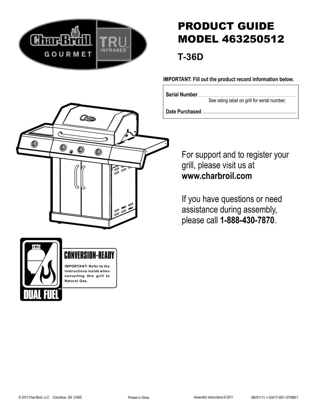 Char-Broil 463250512 manual Product Guide, Date Purchased 