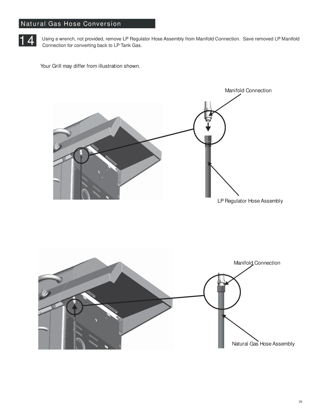 Char-Broil 463250512 manual Natural Gas Hose Conversion 